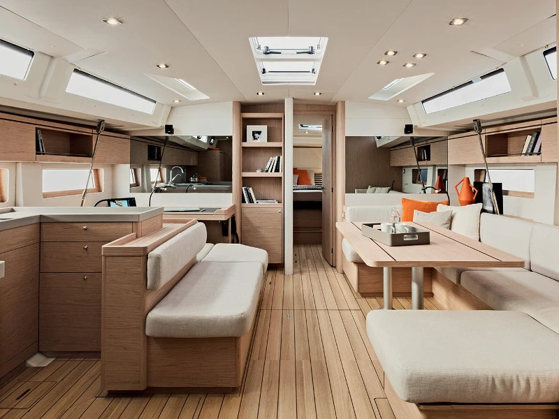Interior of a majestic Beneteau Oceanis 51.1, spacious and extremely domestic, but when the boat is heeled all this width becomes height!