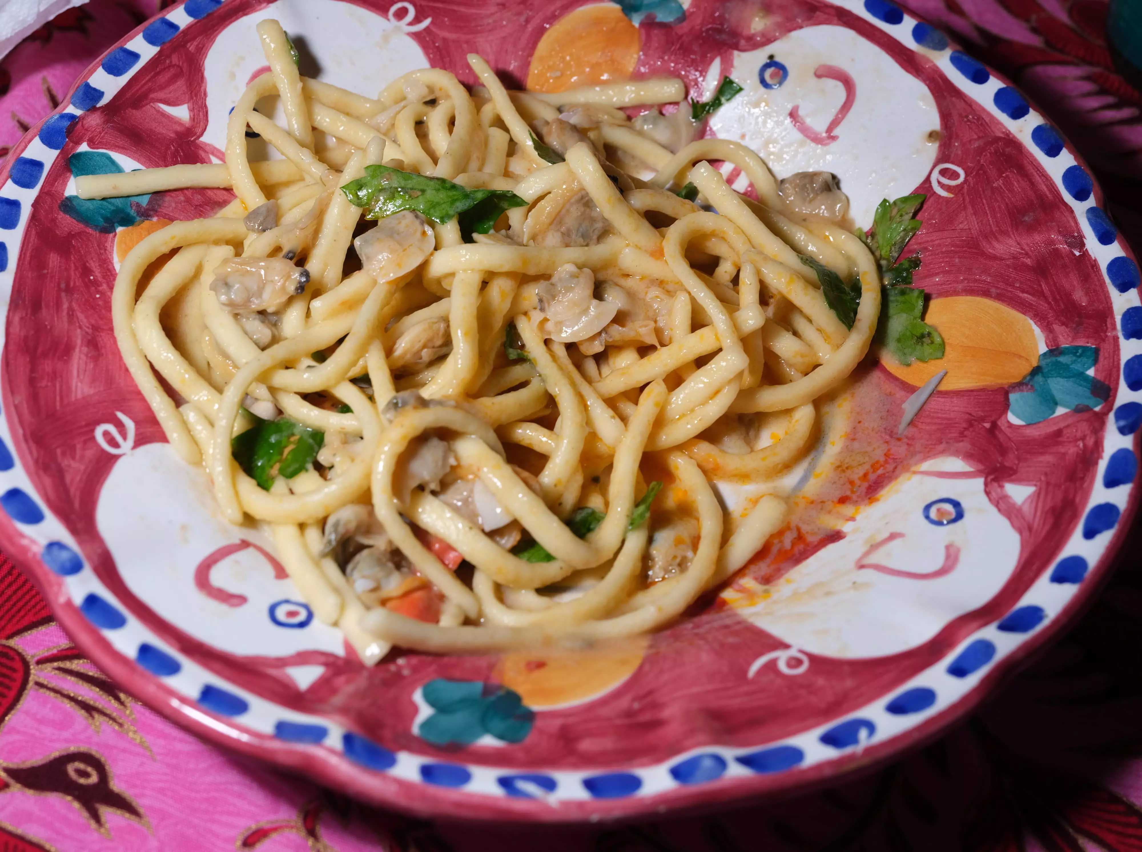 Scialatielli pasta with seafood mix on the plate